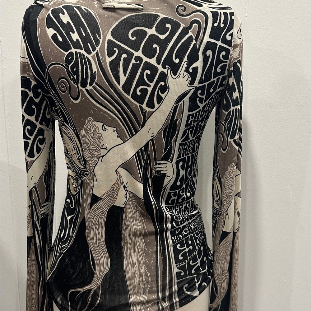 Unique Jean Paul Gaultier top blouse faces black brown white silk blend size M - Picture 2 of 7